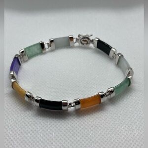 Rhodium Plated Sterling Silver Multi-Colored Jade Link Bar Bracelet - Size 7.5”